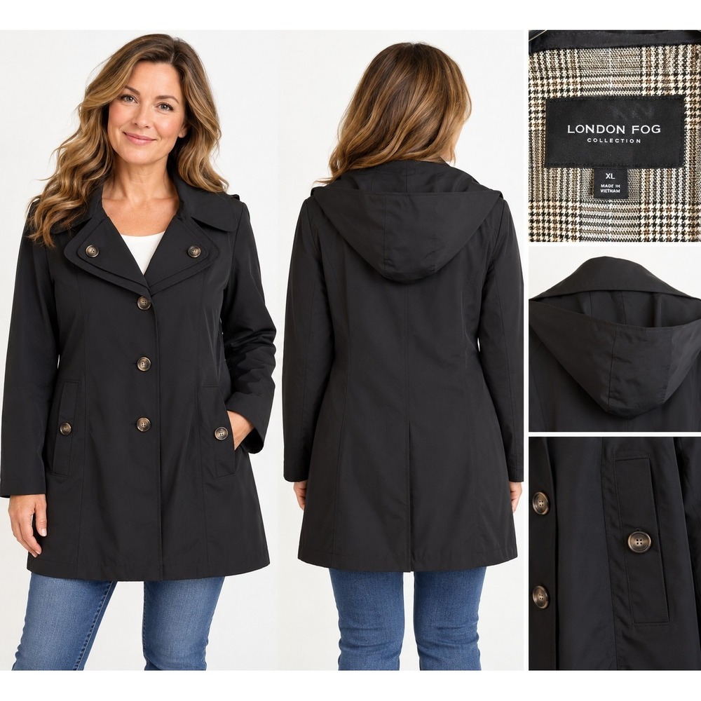 LONDON FOG Womans Trench Rain Coat Lined Jacket hooded Rare Vtg Sz XL Retro